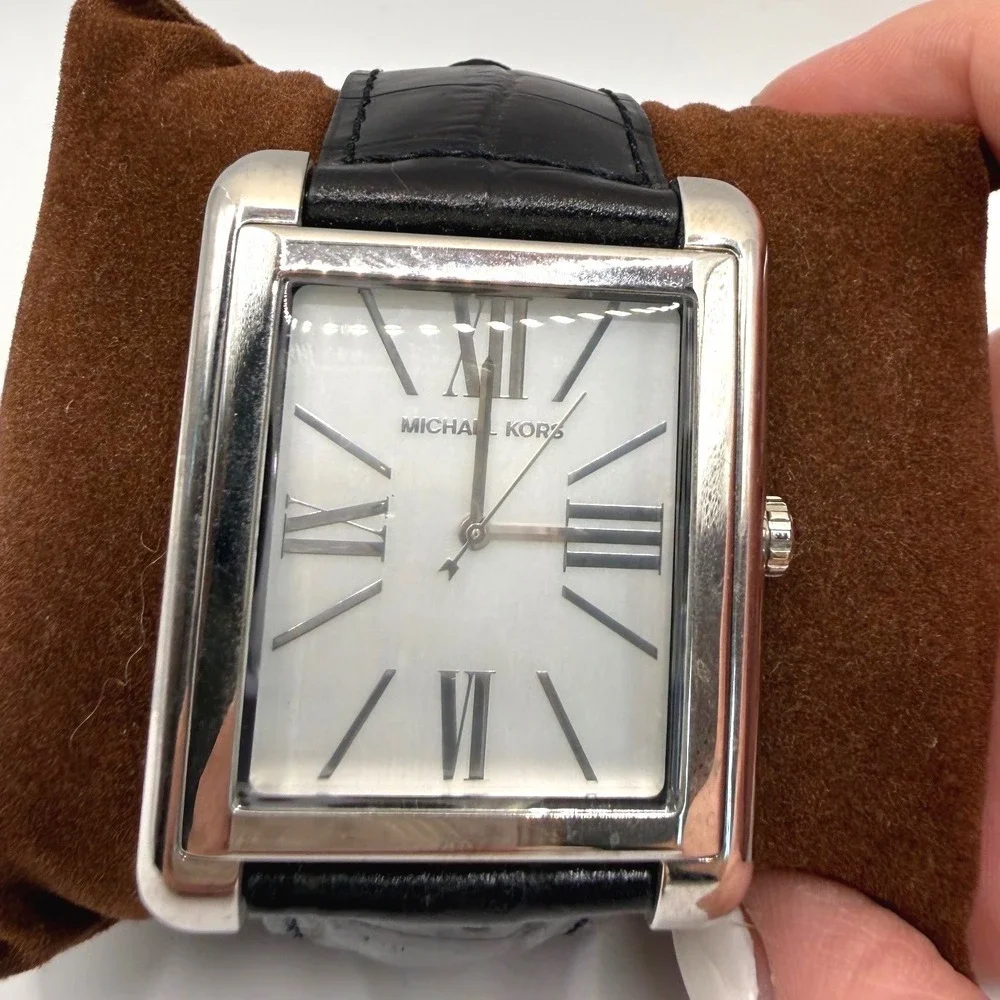 Michael Kors Mens Rectangular Quartz Watch Silver Dial Black Leather Strap MK
